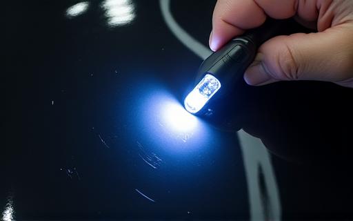 特殊ライトで塗装面の傷を確認するディテイリング専門家